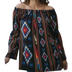 Win Win Womens Tunic Blouse Size Large Bell‎ Sleeve Aztec Boho Multicolor